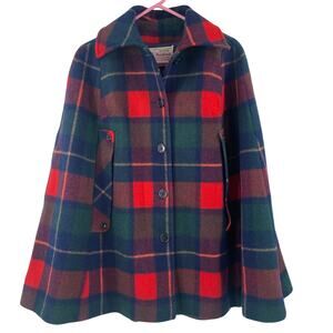 Pendleton Red Navy Green Plaid Wool Cape Jacket